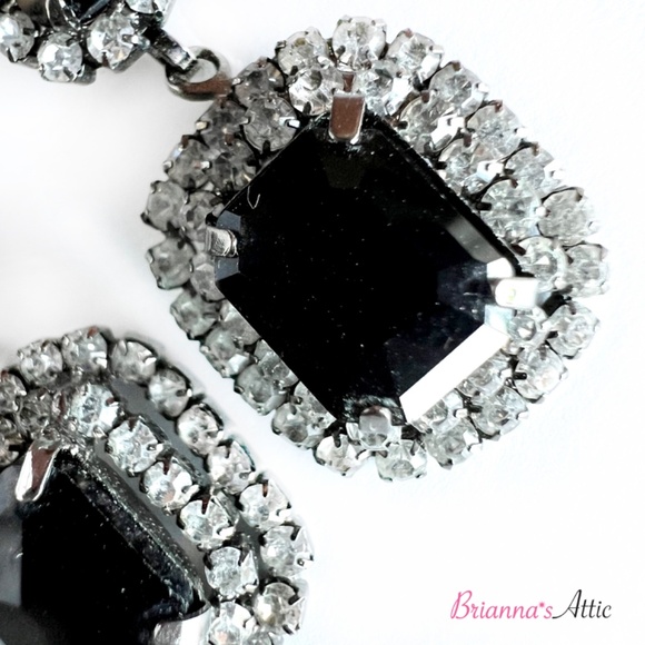 Black stone Crystal Silver Rhinestone Dangle Drop Clip-on Earrings - Picture 4 of 8